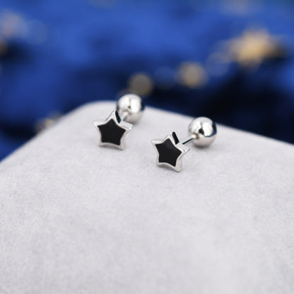 Tiny Black Enamel Star Barbell Earrings in Sterling Silver, Silver or Gold, Screw Back Black Star Earrings, Screwback Earrings