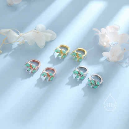 Opal Leaf Huggie Hoop Earrings in Sterling Silver, Silver or Gold or Rose Gold, White Opal Marquise or Green Opal Hoop Earrings