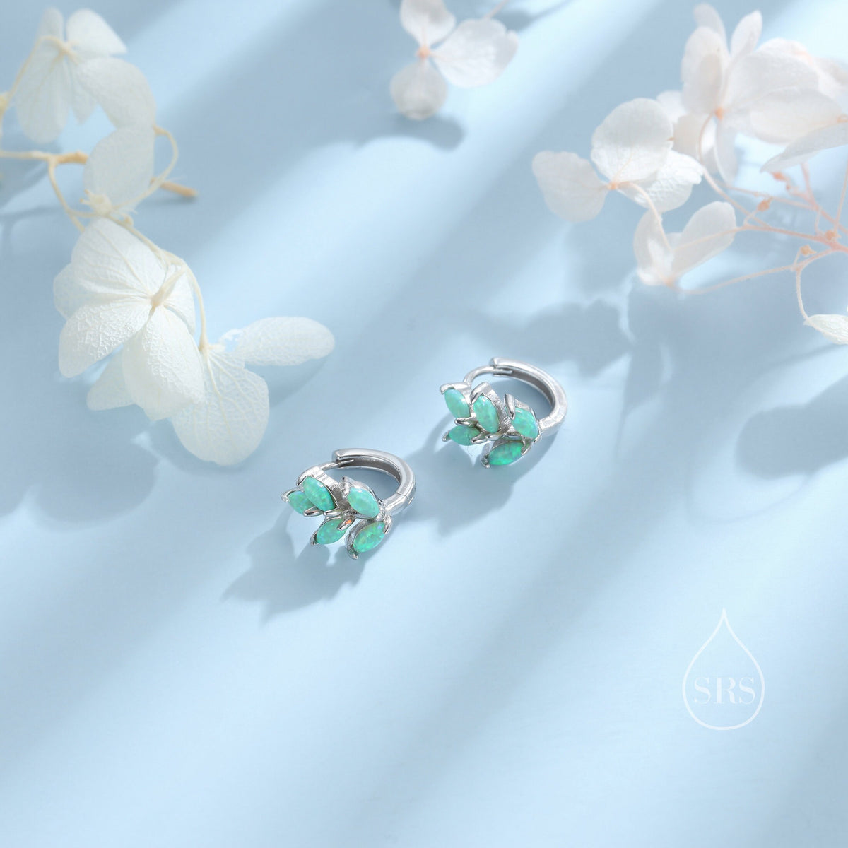 Opal Leaf Huggie Hoop Earrings in Sterling Silver, Silver or Gold or Rose Gold, White Opal Marquise or Green Opal Hoop Earrings