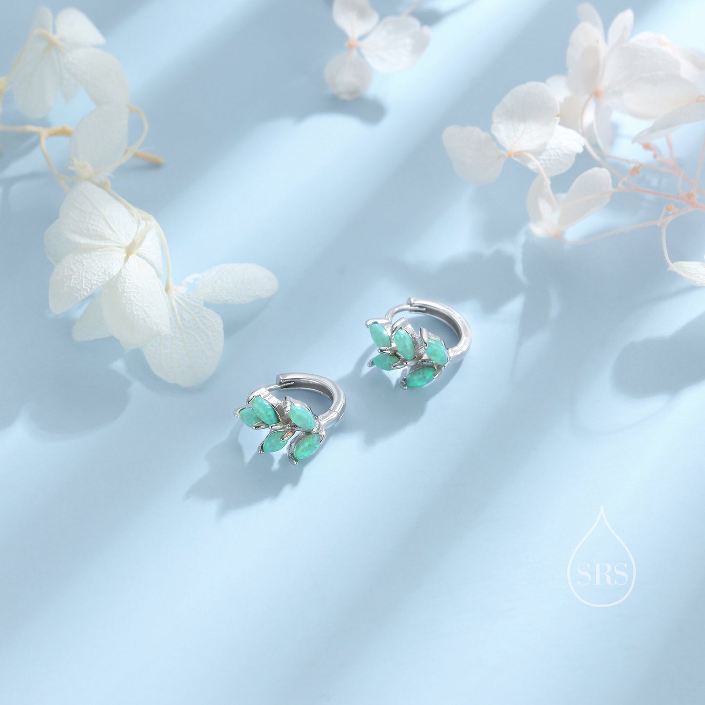 Opal Leaf Huggie Hoop Earrings in Sterling Silver, Silver or Gold or Rose Gold, White Opal Marquise or Green Opal Hoop Earrings