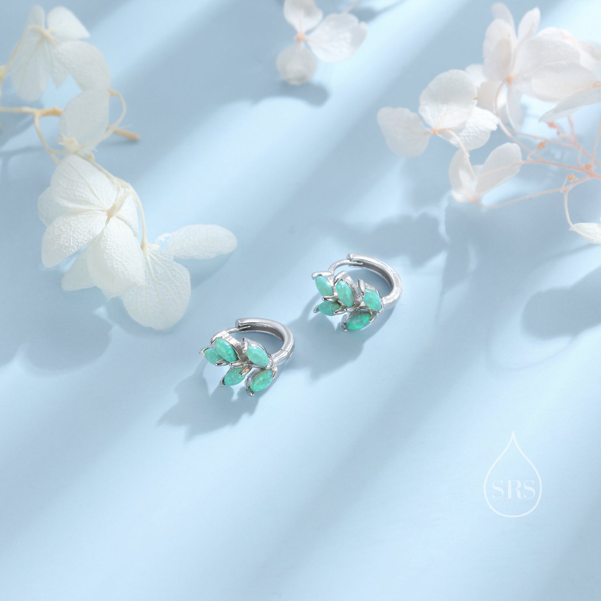 Opal Leaf Huggie Hoop Earrings in Sterling Silver, Silver or Gold or Rose Gold, White Opal Marquise or Green Opal Hoop Earrings