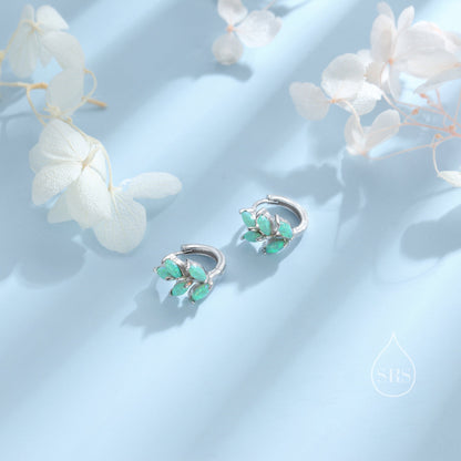Opal Leaf Huggie Hoop Earrings in Sterling Silver, Silver or Gold or Rose Gold, White Opal Marquise or Green Opal Hoop Earrings