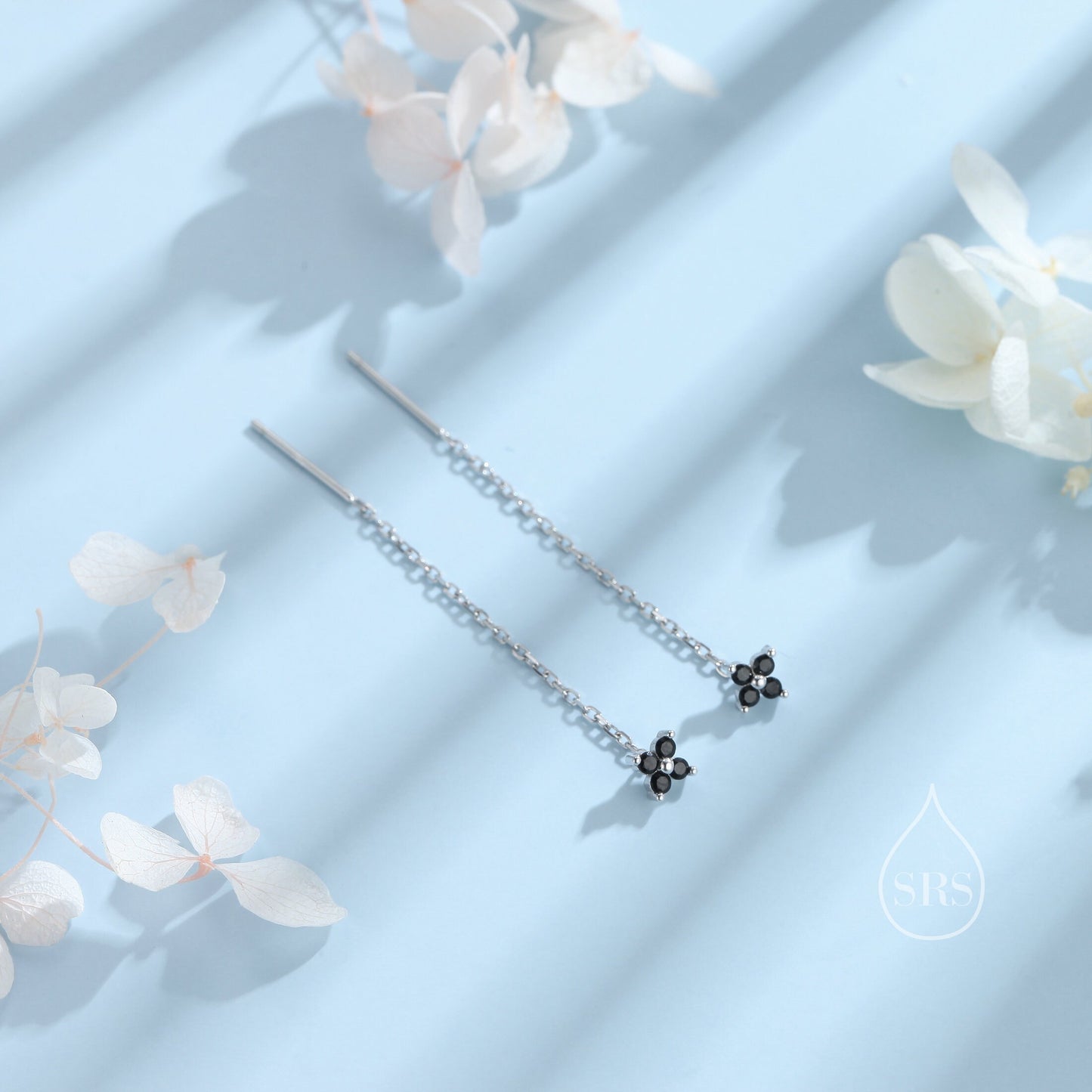 Black Hydrangea Flower CZ Threader Earrings in Sterling Silver, Silver or Gold, Four Dot Crystal Ear Threaders, Flower CZ Earrings