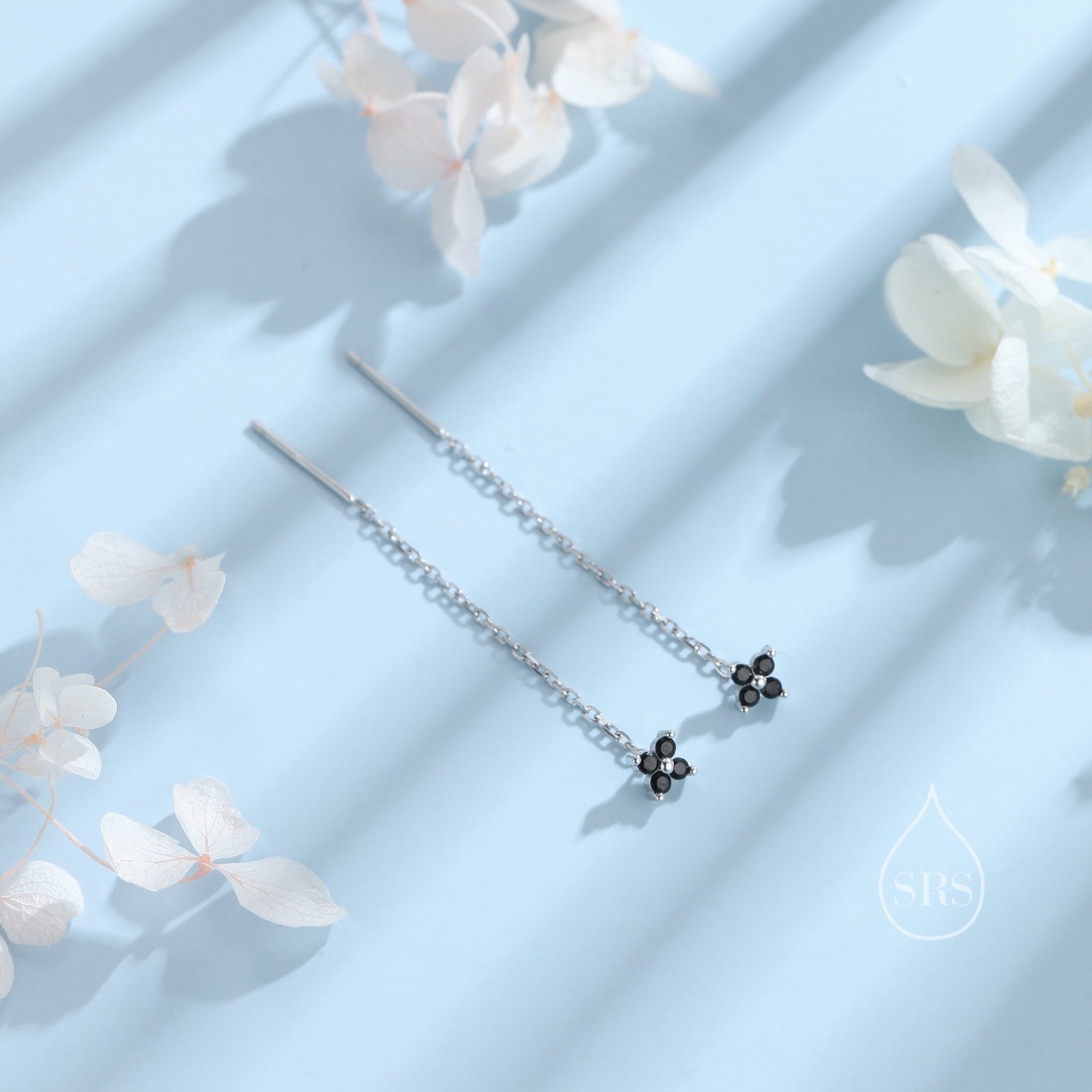 Black Hydrangea Flower CZ Threader Earrings in Sterling Silver, Silver or Gold, Four Dot Crystal Ear Threaders, Flower CZ Earrings