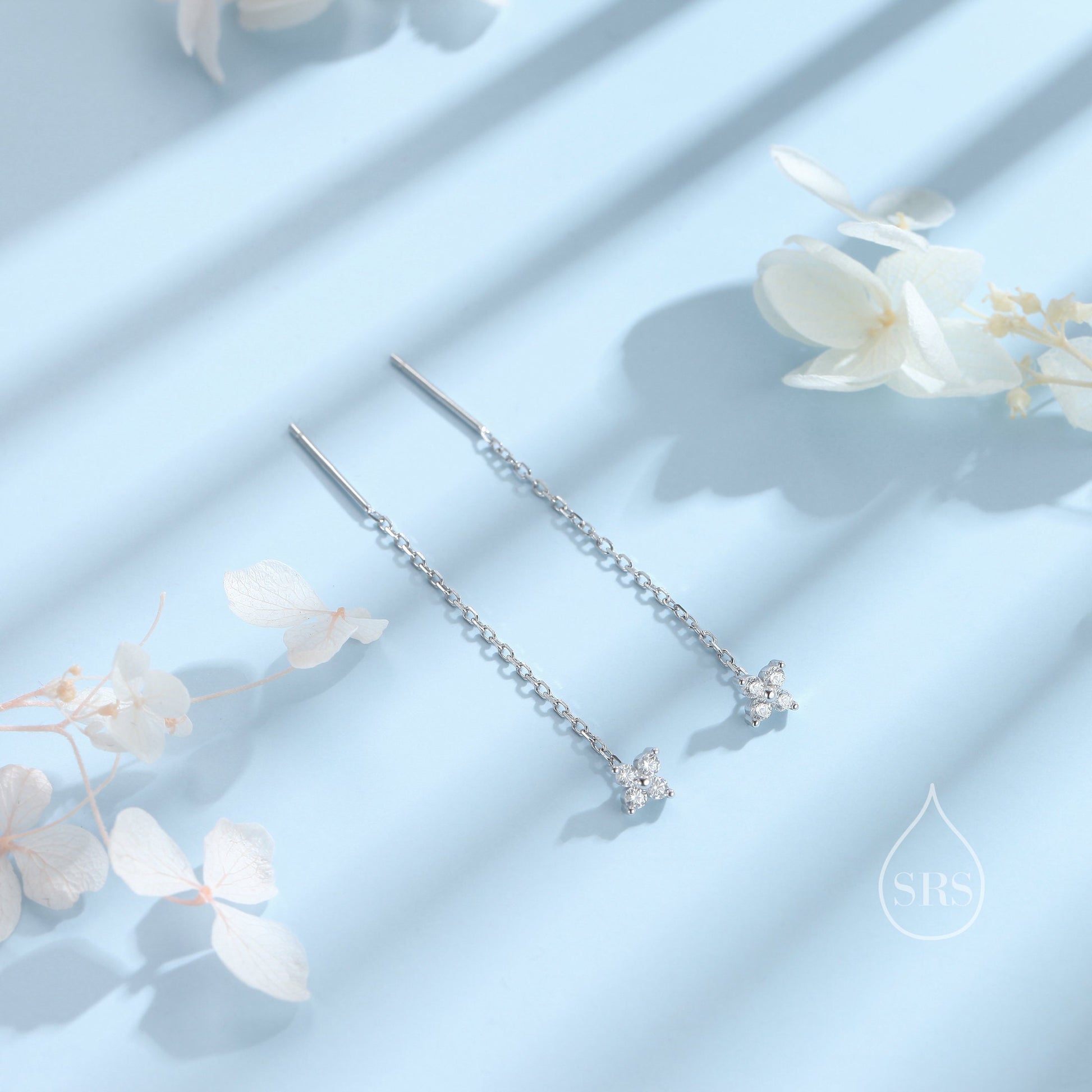 Hydrangea Flower CZ Threader Earrings in Sterling Silver, Silver or Gold, Four Dot Crystal Ear Threaders, Flower CZ Earrings