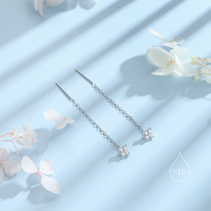 Hydrangea Flower CZ Threader Earrings in Sterling Silver, Silver or Gold, Four Dot Crystal Ear Threaders, Flower CZ Earrings