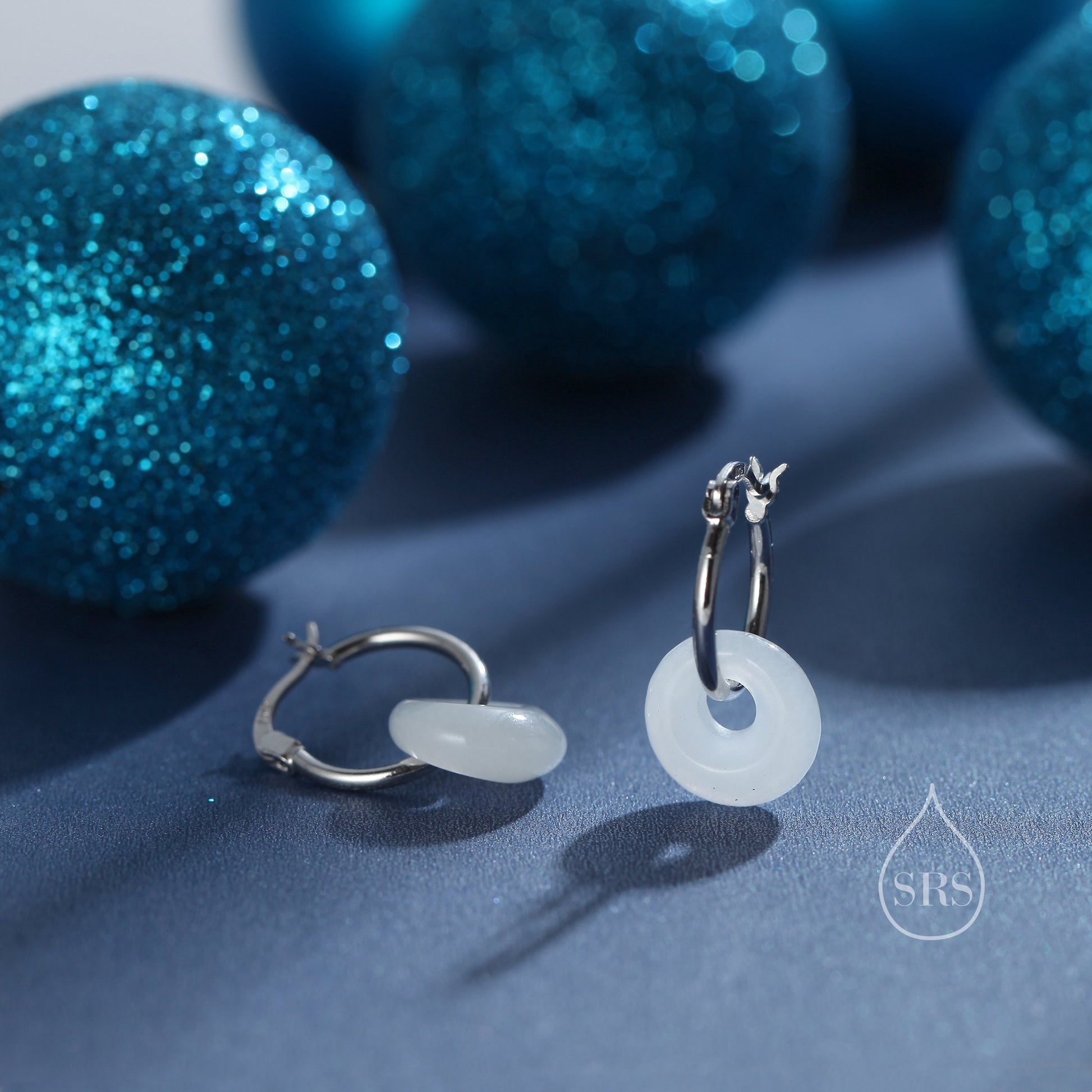 Sterling Silver Dangling White Jade Donut Hoop Earrings