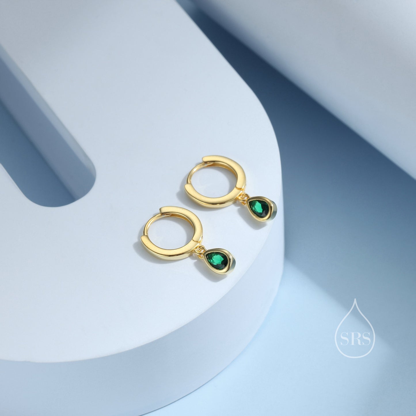 Tiny Emerald Green Droplet CZ Huggie Hoop Earrings in Sterling Silver, Silver or Gold, Geometric Hoop Earrings