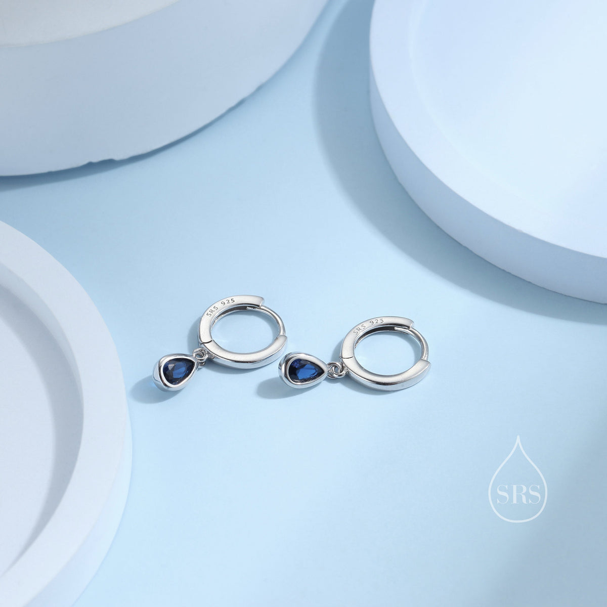 Tiny Sapphire Blue Droplet CZ Huggie Hoop Earrings in Sterling Silver, Silver or Gold, Geometric Hoop Earrings