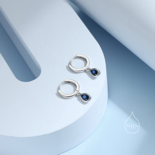 Tiny Sapphire Blue Droplet CZ Huggie Hoop Earrings in Sterling Silver, Silver or Gold, Geometric Hoop Earrings