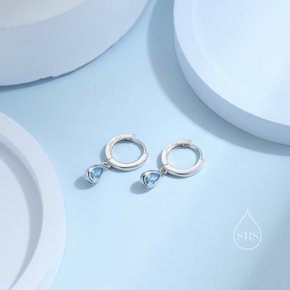 Tiny Aquamarine Blue Droplet CZ Huggie Hoop Earrings in Sterling Silver, Geometric Hoop Earrings