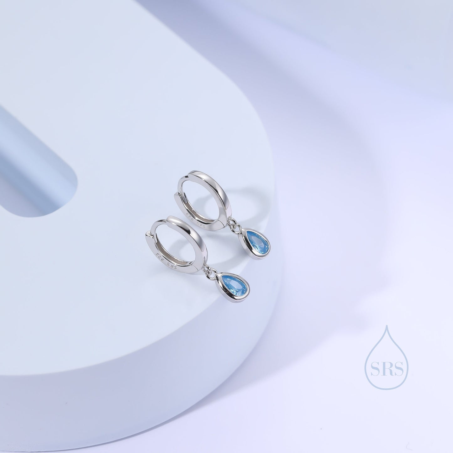 Tiny Aquamarine Blue Droplet CZ Huggie Hoop Earrings in Sterling Silver, Geometric Hoop Earrings