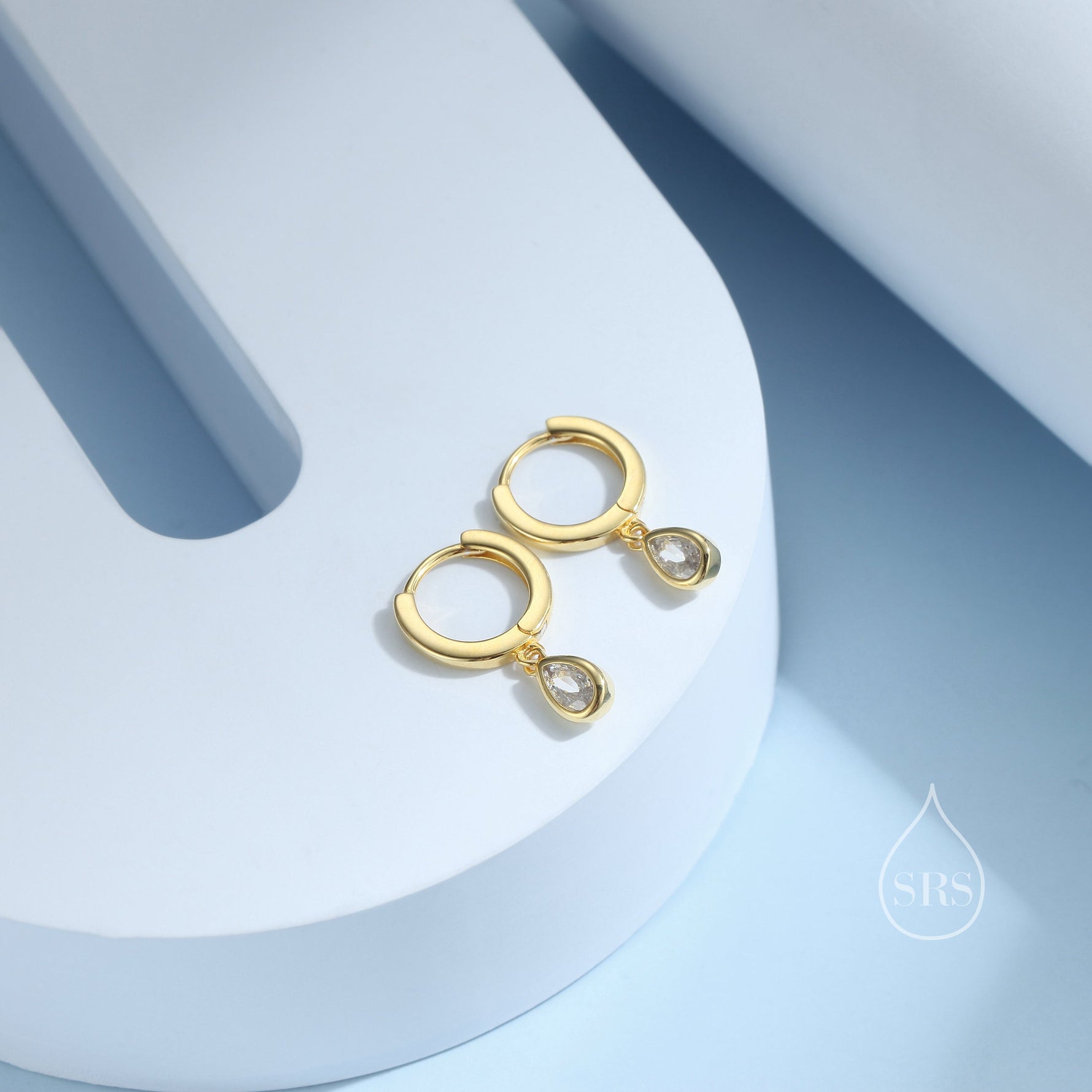 Tiny Droplet CZ Huggie Hoop Earrings in Sterling Silver, Silver or Gold, Geometric Hoop Earrings,