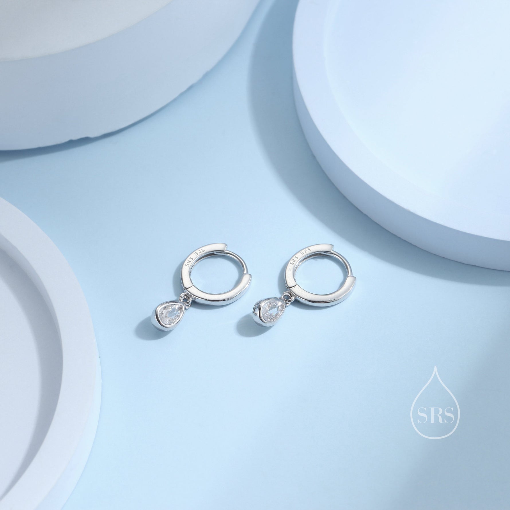 Tiny Droplet CZ Huggie Hoop Earrings in Sterling Silver, Silver or Gold, Geometric Hoop Earrings,