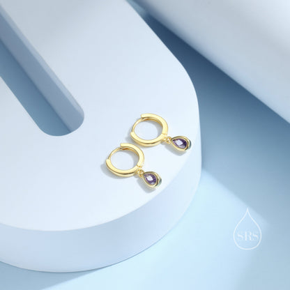 Tiny Amethyst Purple Droplet CZ Huggie Hoop Earrings in Sterling Silver, Silver or Gold, Geometric Hoop Earrings