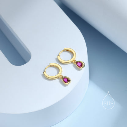 Tiny Ruby Pink Droplet CZ Huggie Hoop Earrings in Sterling Silver, Silver or Gold, Geometric Hoop Earrings, Ruby Red Hoops