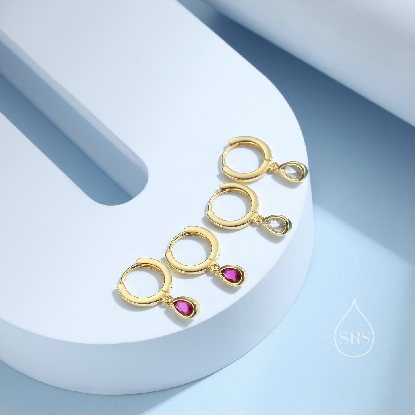 Tiny Ruby Pink Droplet CZ Huggie Hoop Earrings in Sterling Silver, Silver or Gold, Geometric Hoop Earrings, Ruby Red Hoops