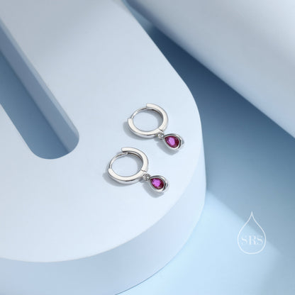 Tiny Ruby Pink Droplet CZ Huggie Hoop Earrings in Sterling Silver, Silver or Gold, Geometric Hoop Earrings, Ruby Red Hoops