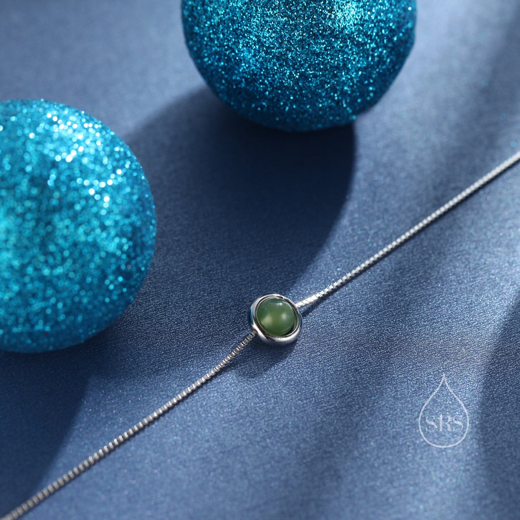 Natural Green Jade Planet Pendant Necklace in Sterling Silver, Beaded Halo Necklace, Space Necklace