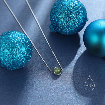 Natural Green Jade Planet Pendant Necklace in Sterling Silver, Beaded Halo Necklace, Space Necklace