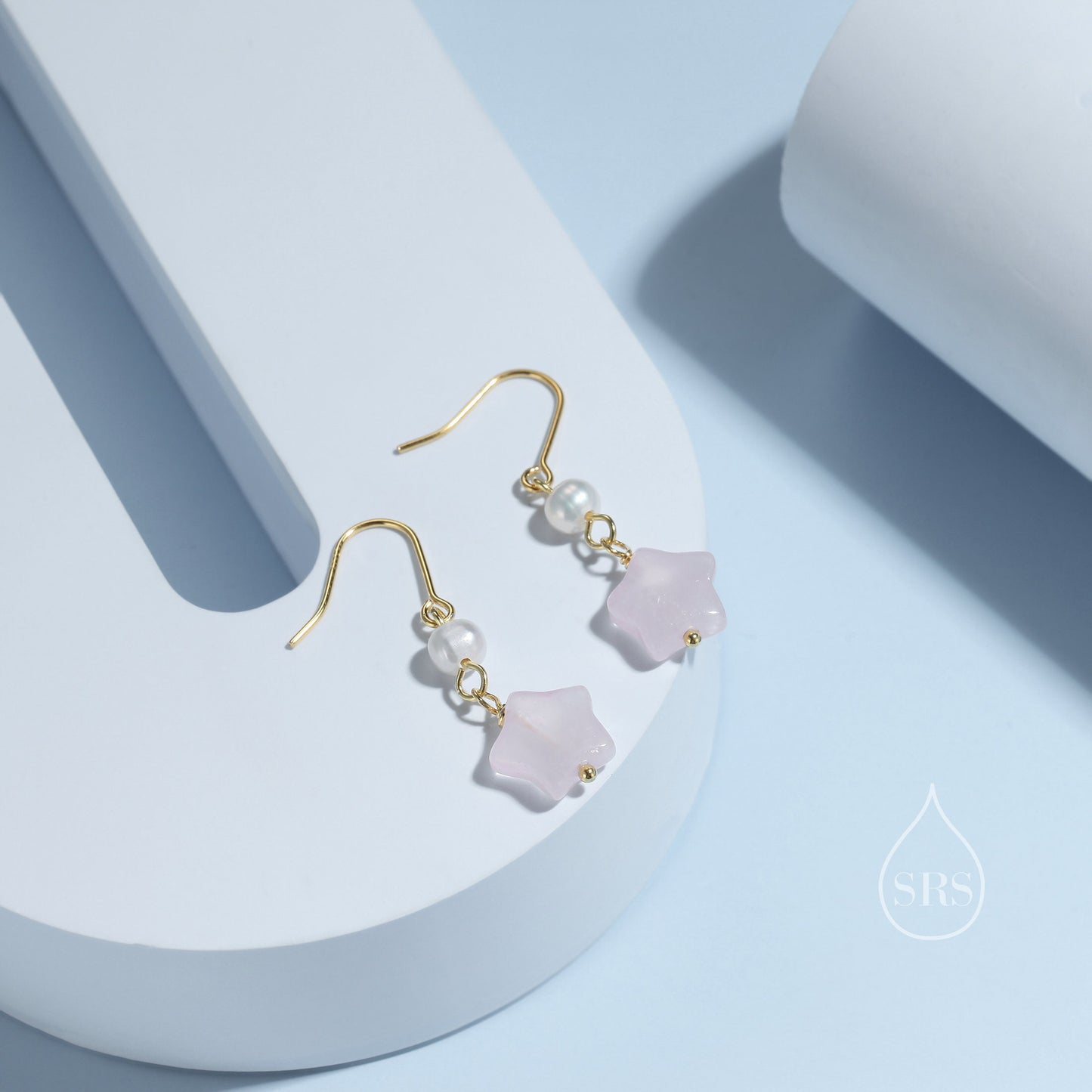 Genuine Rose Quartz Star and Pearl Drop Earrings in Sterling Silver, Natural Pink Quartz and Freshwater Pearl Drop Hook Earrings, Star