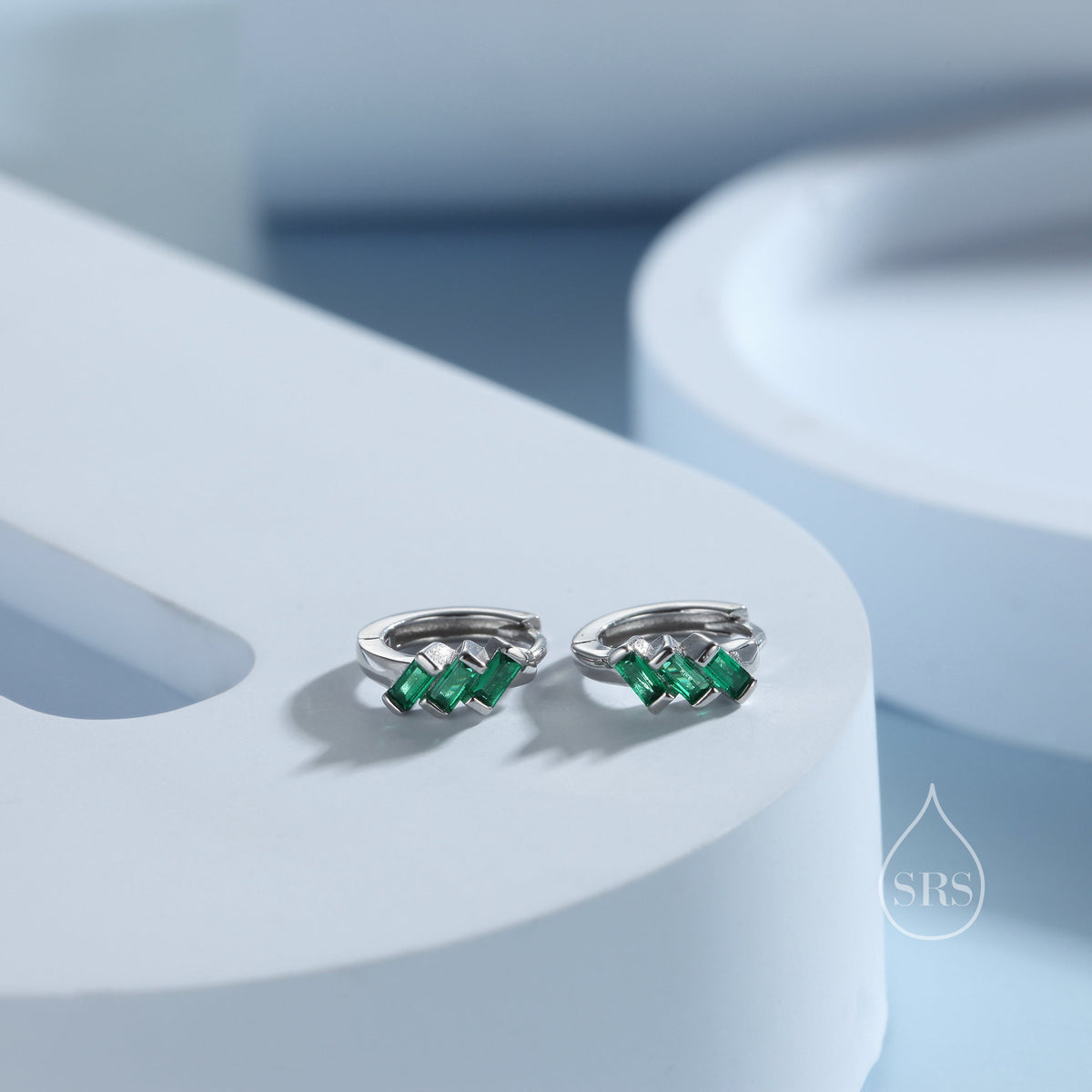 Baguette CZ Cluster Huggie Hoop in Sterling Silver, Silver or Gold, Geometric Hoop Earrings, Green, Blue, Purple or Clear CZ