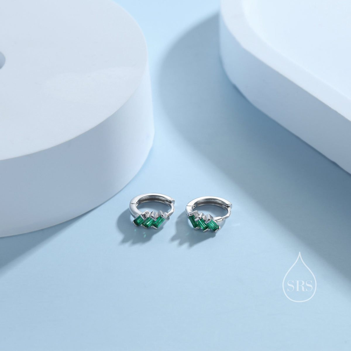 Baguette CZ Cluster Huggie Hoop in Sterling Silver, Silver or Gold, Geometric Hoop Earrings, Green, Blue, Purple or Clear CZ
