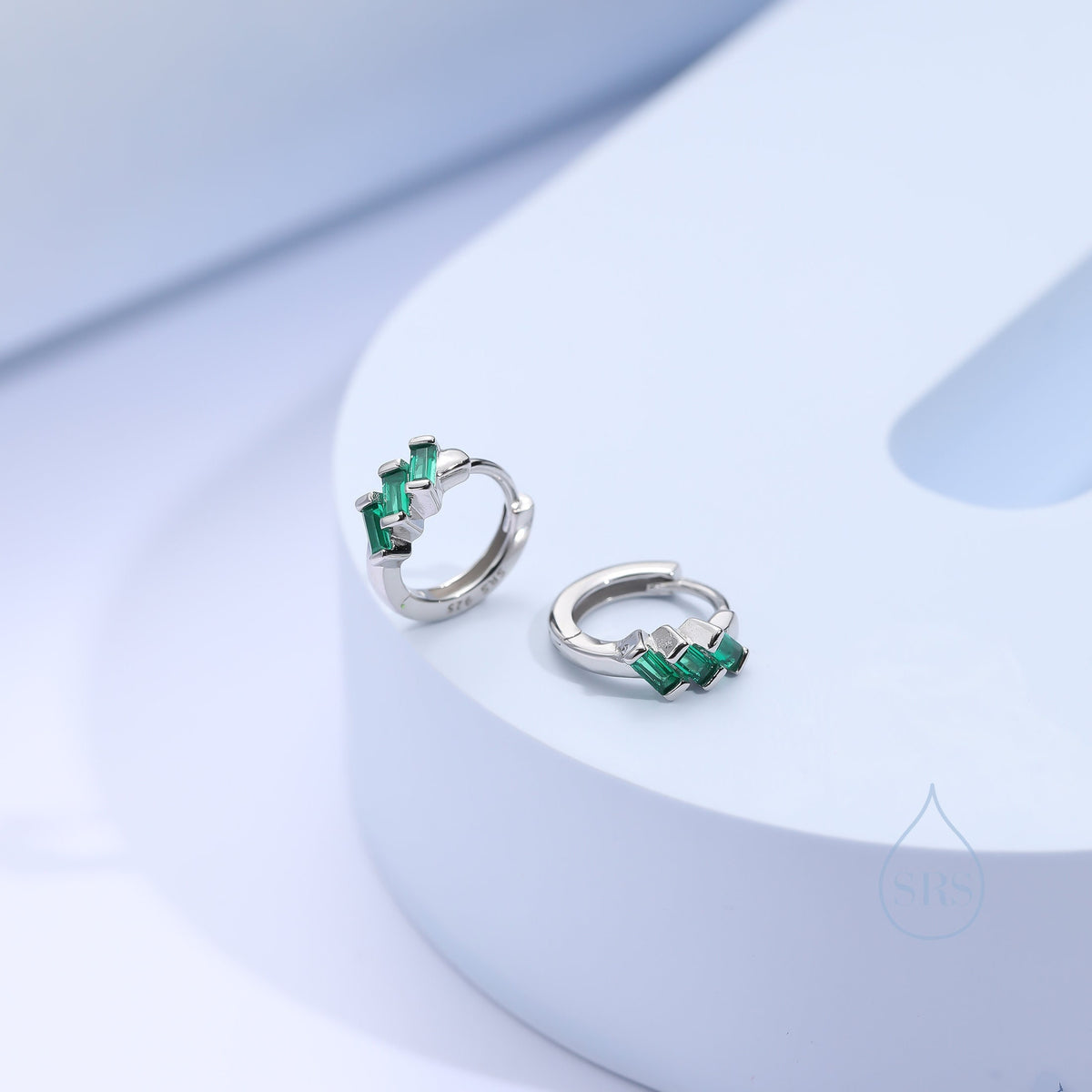 Baguette CZ Cluster Huggie Hoop in Sterling Silver, Silver or Gold, Geometric Hoop Earrings, Green, Blue, Purple or Clear CZ