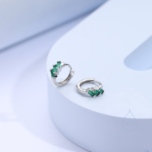 Emerald Green Baguette CZ Cluster Huggie Hoop in Sterling Silver, Silver or Gold, Geometric Hoop Earrings