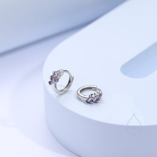 Amethyst Purple Baguette CZ Cluster Huggie Hoop in Sterling Silver, Silver or Gold, Geometric Hoop Earrings, Green, Blue, Purple or Clear CZ