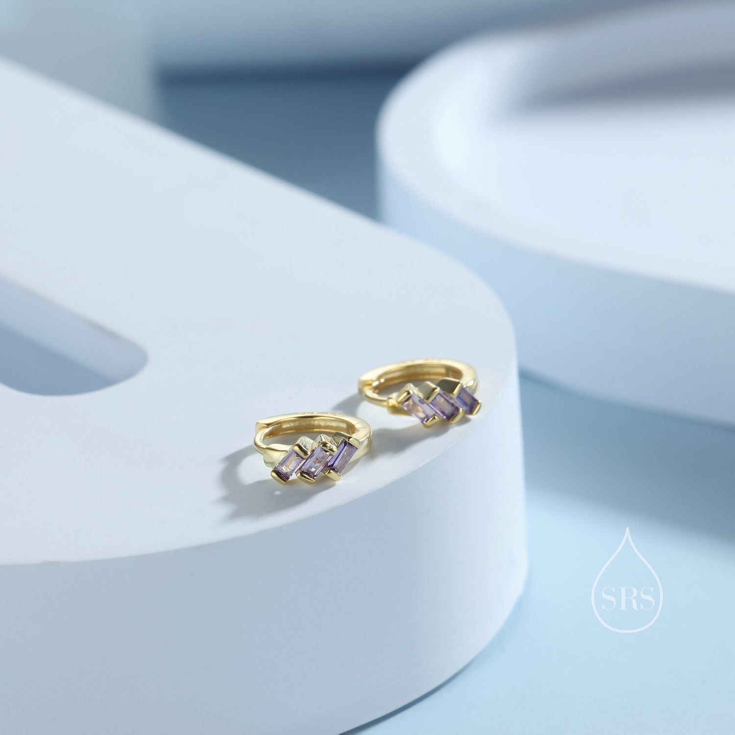 Amethyst Purple Baguette CZ Cluster Huggie Hoop in Sterling Silver, Silver or Gold, Geometric Hoop Earrings, Green, Blue, Purple or Clear CZ