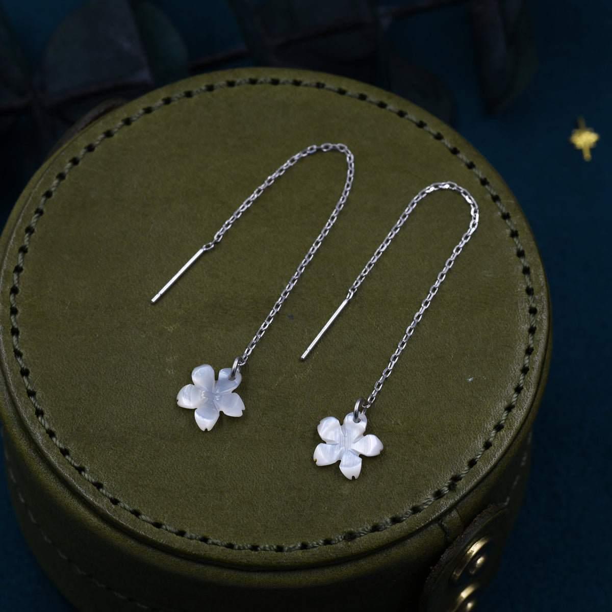 Hand Carved Mother of Pearl Cherry Blossom Threader Earrings in Sterling Silver, Apple Blossom Flower Ear Threaders - Dainty and Pretty