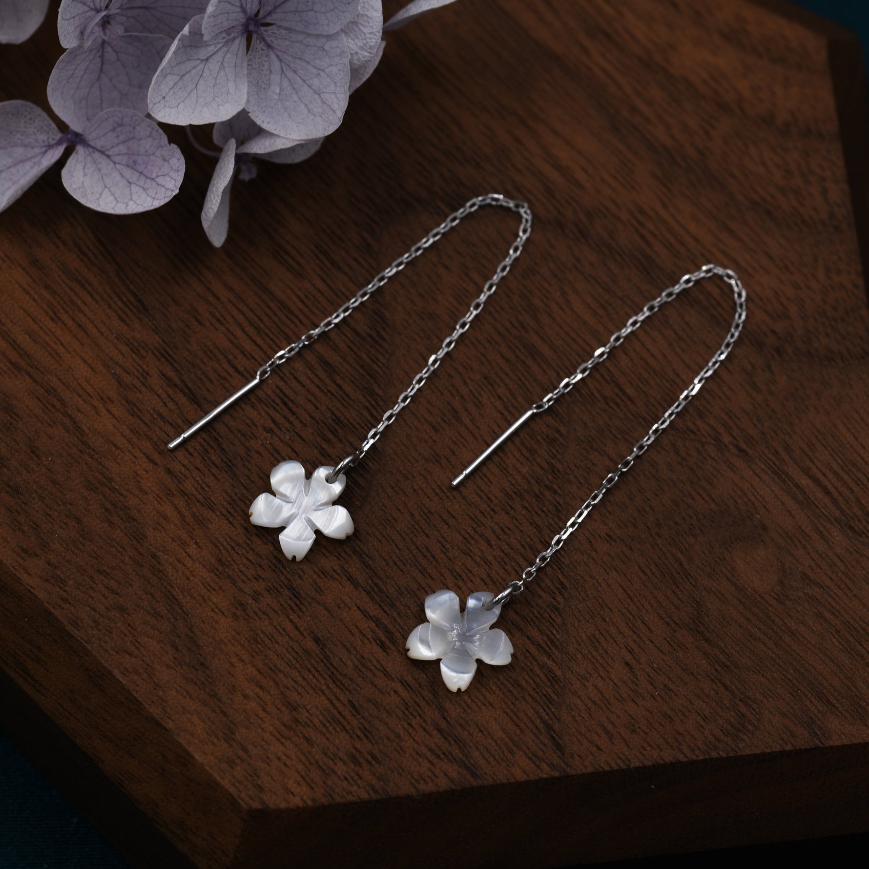 Hand Carved Mother of Pearl Cherry Blossom Threader Earrings in Sterling Silver, Apple Blossom Flower Ear Threaders - Dainty and Pretty