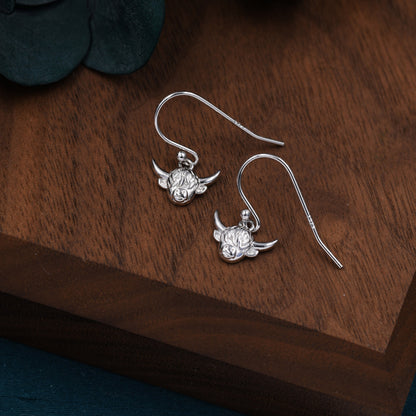 Dangling Highland Cow Drop Earrings in Sterling Silver, Silver or Gold or Rose Gold, Highland Cow Earrings, Cow Hook Earrings, Scottish