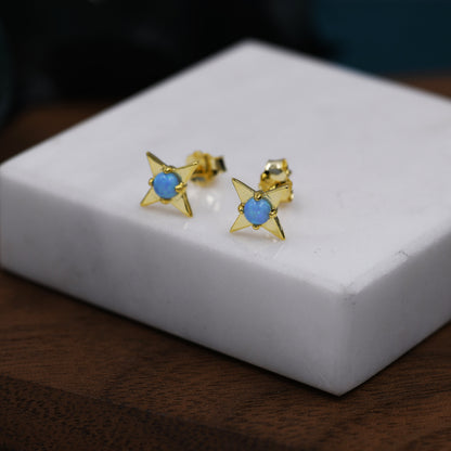 Starburst Blue Opal Stud Earrings in Sterling Silver, Silver or Gold, Four Point Star Opal Earrings, Stacking Earrings