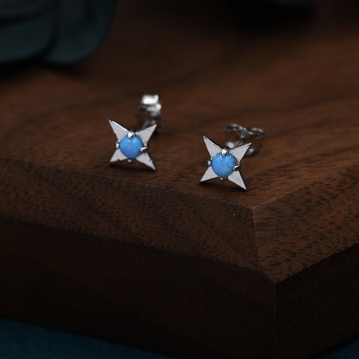 Starburst Blue Opal Stud Earrings in Sterling Silver, Silver or Gold, Four Point Star Opal Earrings, Stacking Earrings