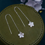 Cherry Blossom Mother of Pearl Threader Earrings in Sterling Silver, Pale Pink Apple Blossom Flower Ear Threaders - Dainty and Pretty