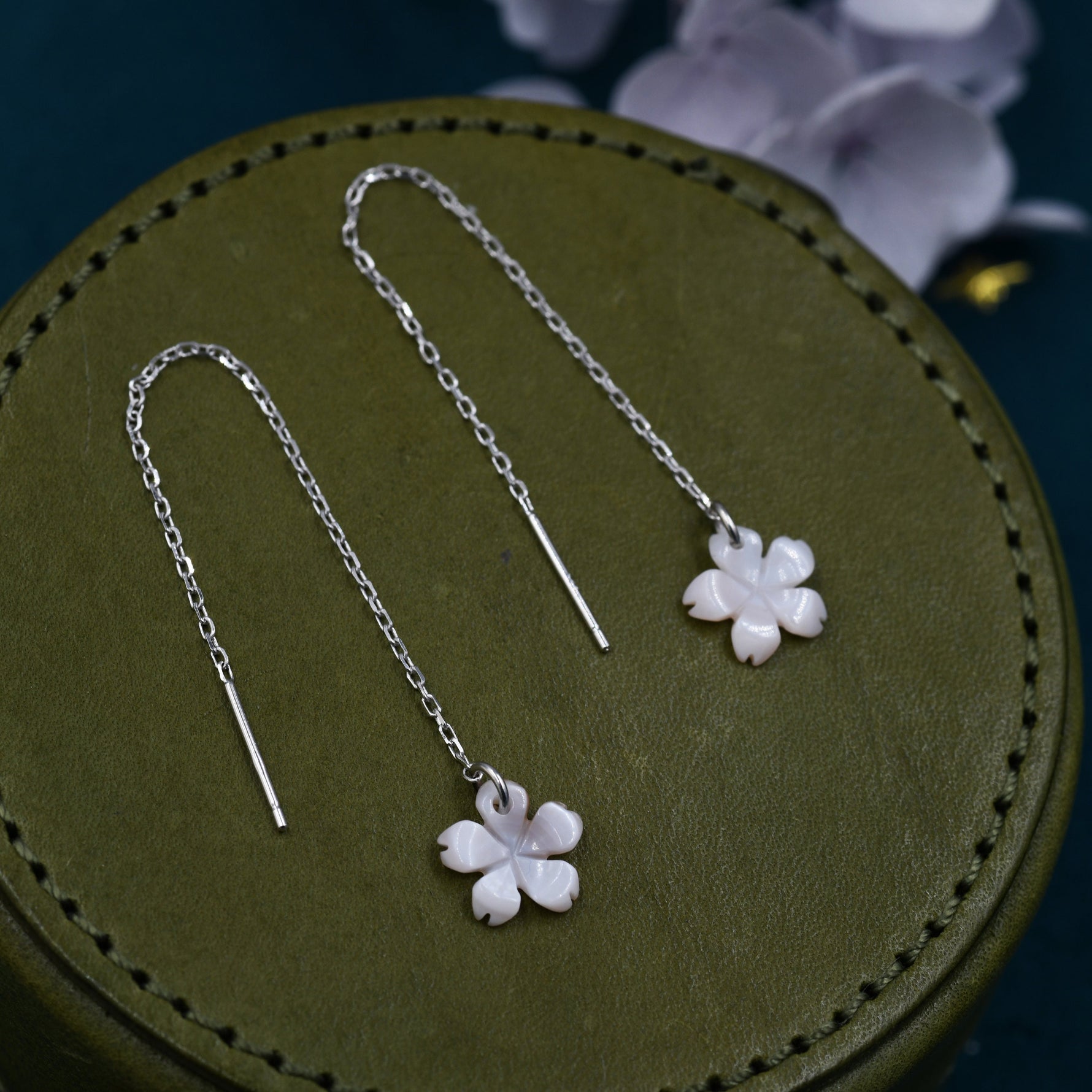 Cherry Blossom Mother of Pearl Threader Earrings in Sterling Silver, Pale Pink Apple Blossom Flower Ear Threaders - Dainty and Pretty