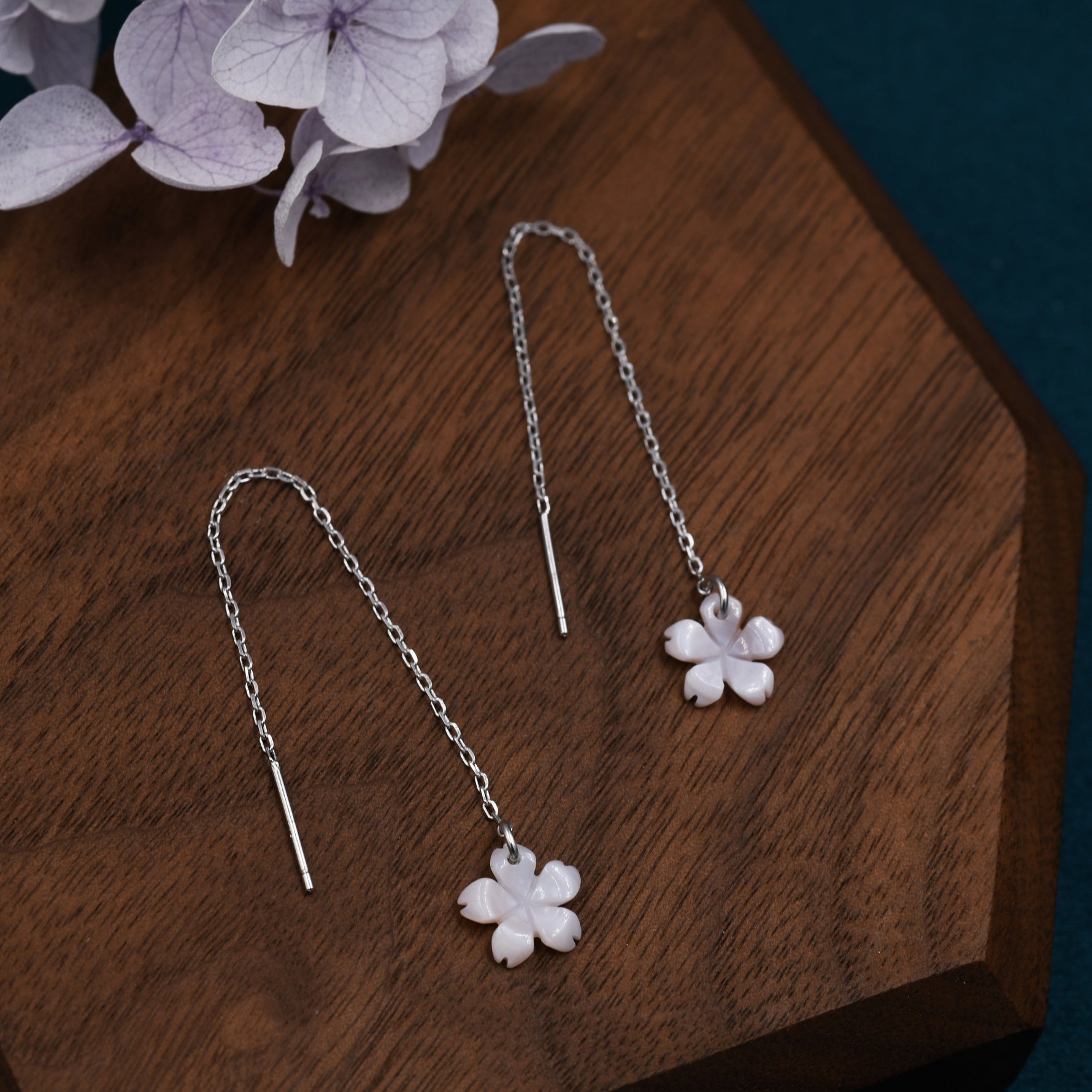 Cherry Blossom Mother of Pearl Threader Earrings in Sterling Silver, Pale Pink Apple Blossom Flower Ear Threaders - Dainty and Pretty