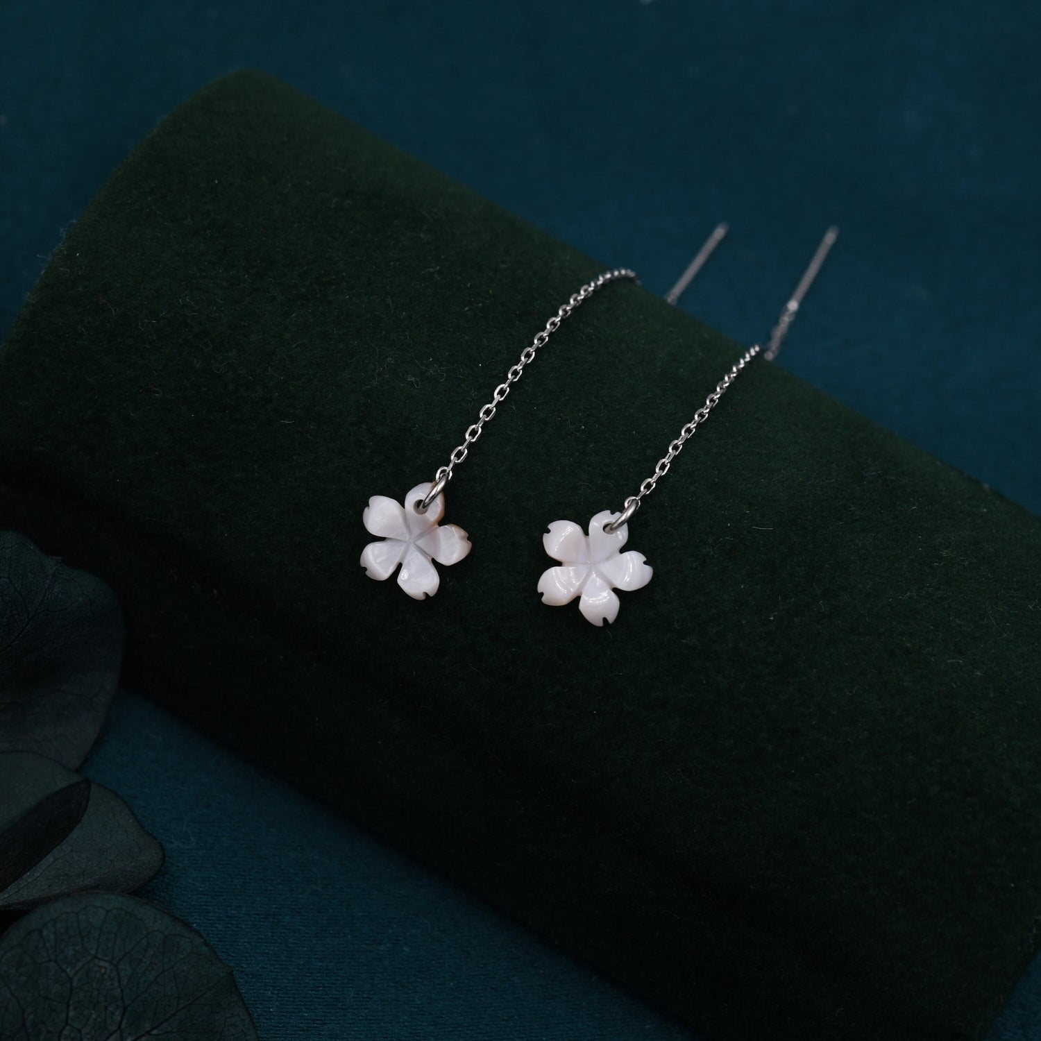 Cherry Blossom Mother of Pearl Threader Earrings in Sterling Silver, Pale Pink Apple Blossom Flower Ear Threaders - Dainty and Pretty