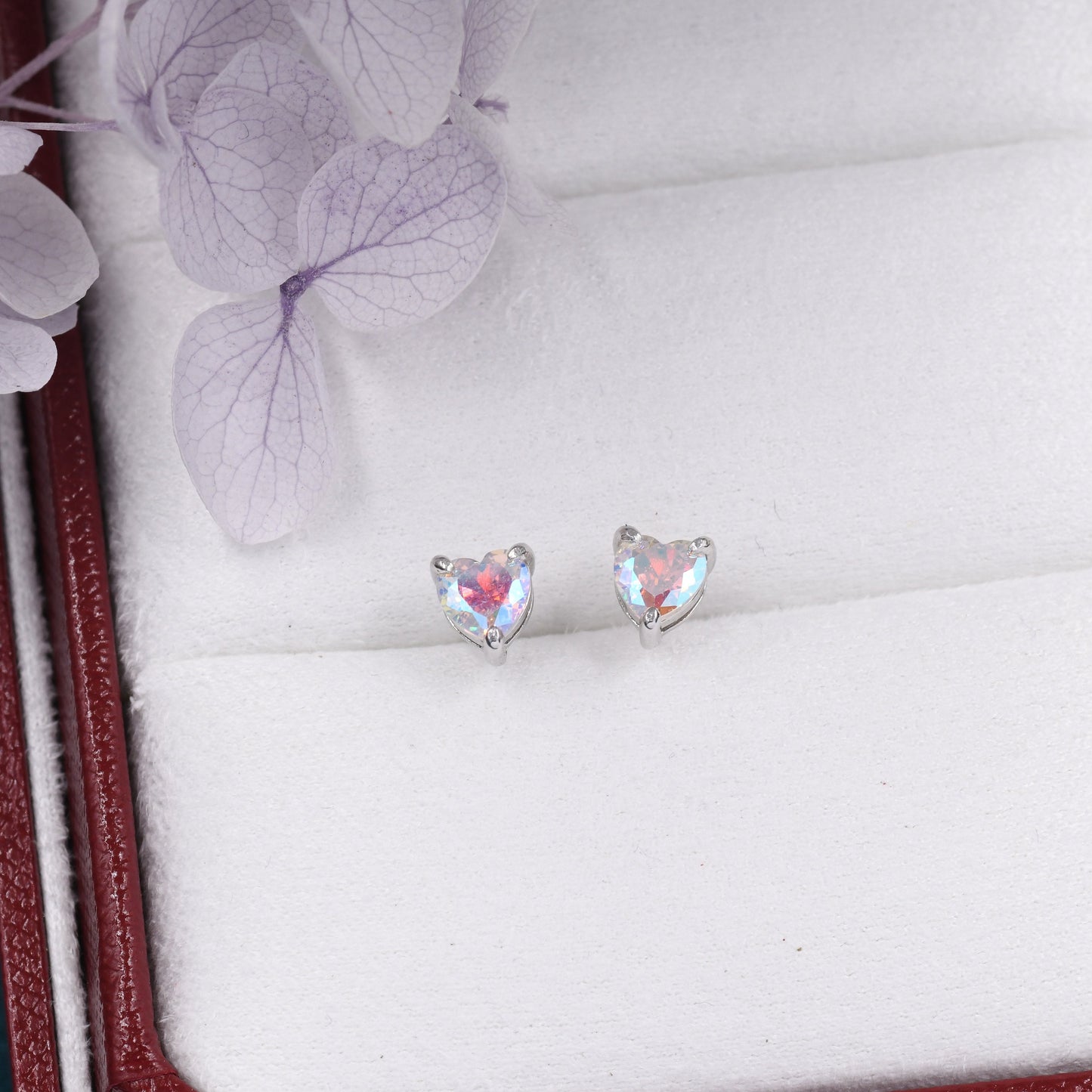 Aurora Borealis Heart Stud Earrings in Sterling Silver, Available in Three Sizes, AB CZ Heart Earrings, Aurora Colour Changing Heart Earring