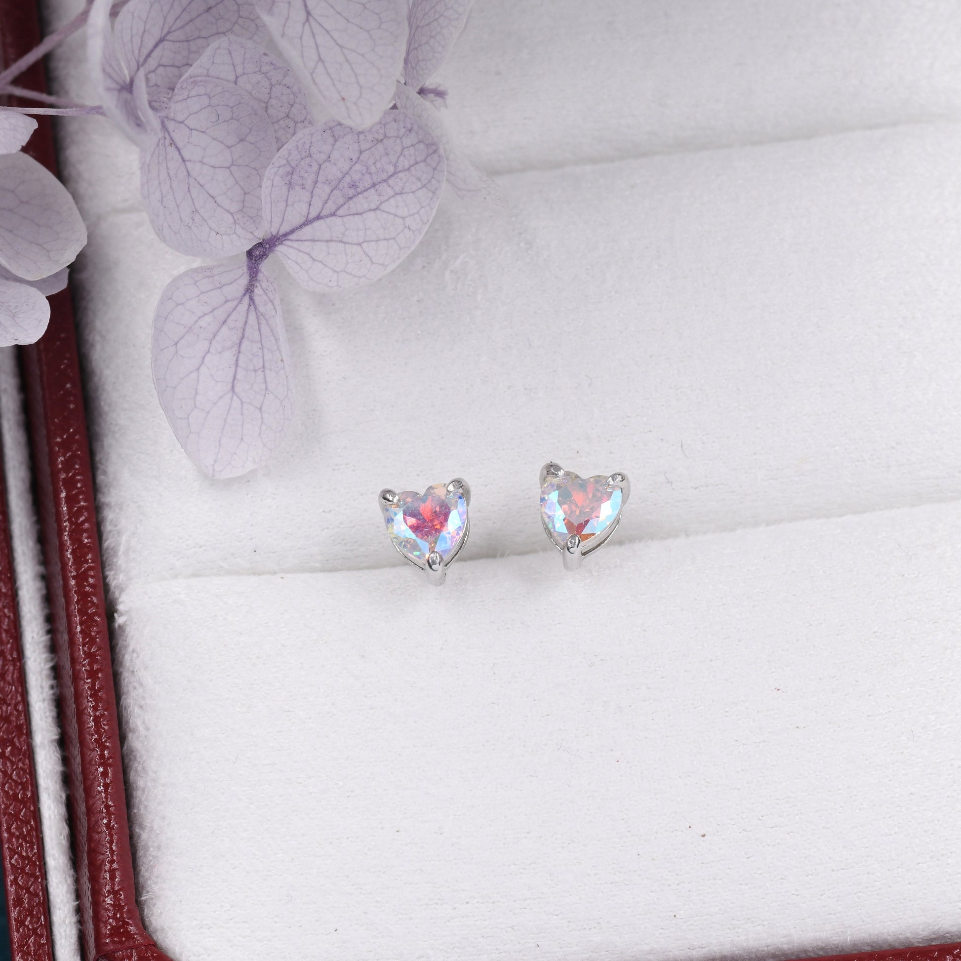 Aurora Borealis Heart Stud Earrings in Sterling Silver, Available in Three Sizes, AB CZ Heart Earrings, Aurora Colour Changing Heart Earring