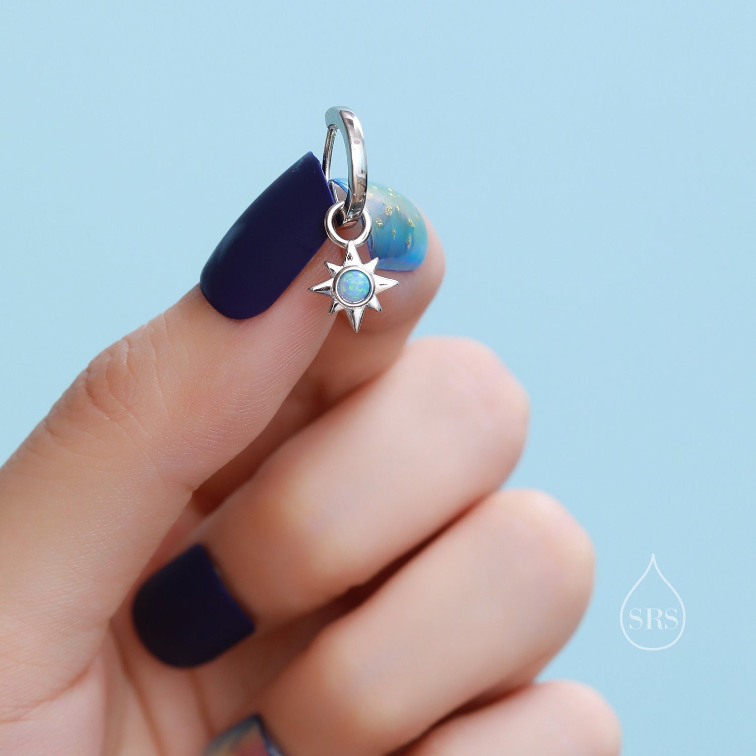 Opal Starburst Huggie Hoop Earrings in Sterling Silver, Blue Opal North Star Detachable Drop Earrings, Delicate Blue Opal Star Earrings