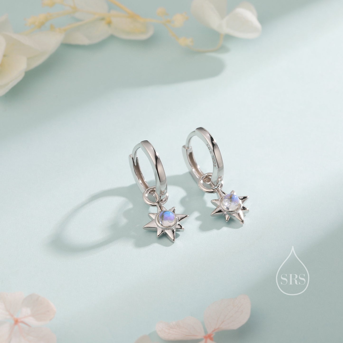 Moonstone Starburst Huggie Hoop Earrings in Sterling Silver, Simulated Moonstone North Star Detachable Drop Earrings, Delicate Star Earrings