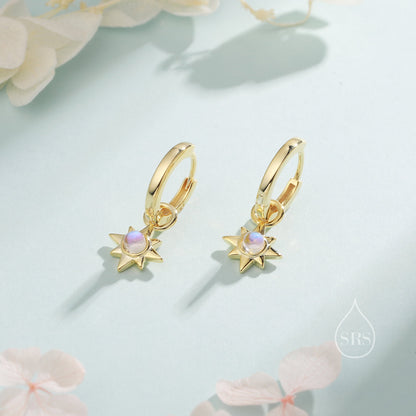 Moonstone Starburst Huggie Hoop Earrings in Sterling Silver, Simulated Moonstone North Star Detachable Drop Earrings, Delicate Star Earrings