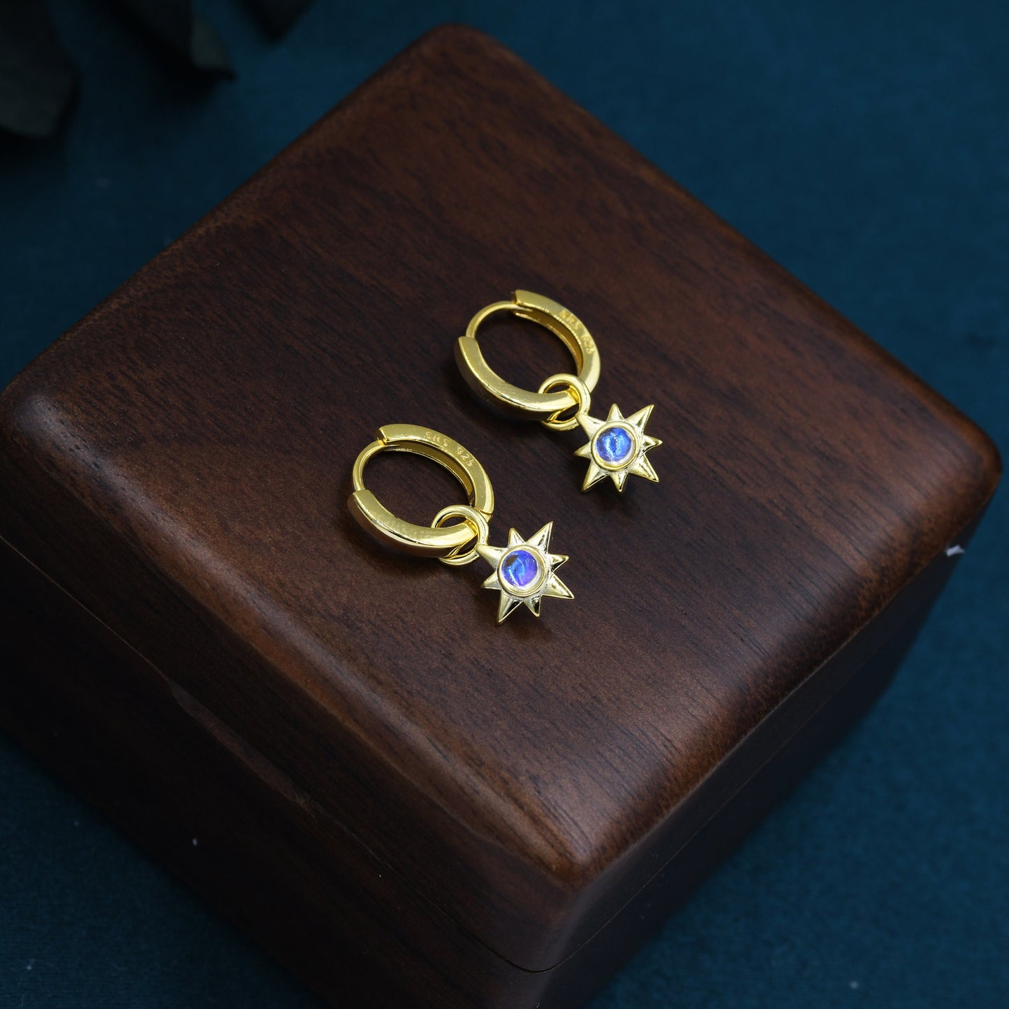 Moonstone Starburst Huggie Hoop Earrings in Sterling Silver, Simulated Moonstone North Star Detachable Drop Earrings, Delicate Star Earrings