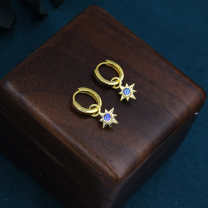 Moonstone Starburst Huggie Hoop Earrings in Sterling Silver, Simulated Moonstone North Star Detachable Drop Earrings, Delicate Star Earrings