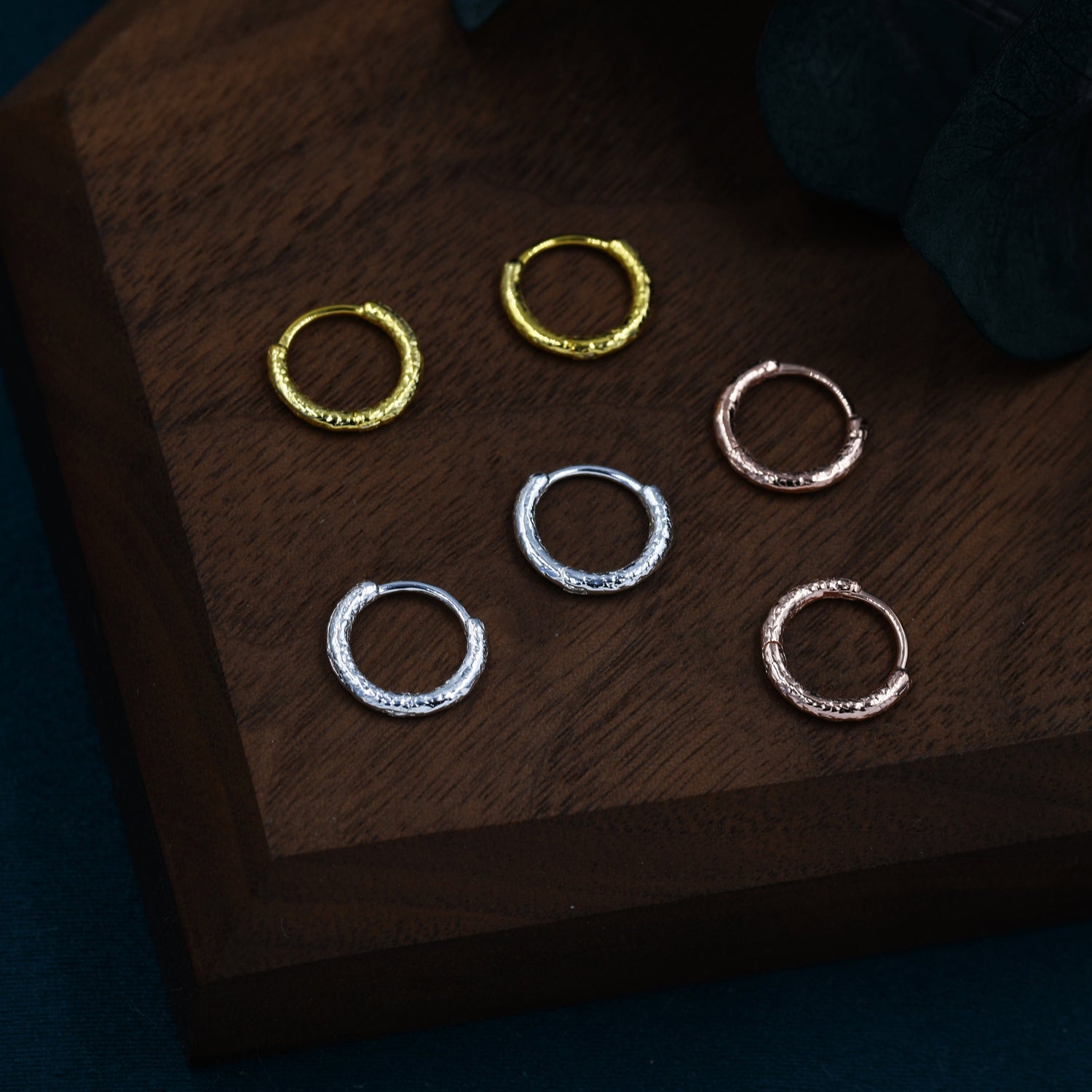 Crumbled Foil Effect Hoop Earrings, 6mm or 8mm, Silver, Gold or Rose Gold, Foil Earrings, Organic Shape Hoops, Hammered Hoops