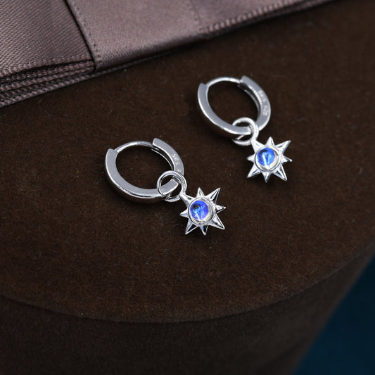 Moonstone Starburst Huggie Hoop Earrings in Sterling Silver, Simulated Moonstone North Star Detachable Drop Earrings, Delicate Star Earrings