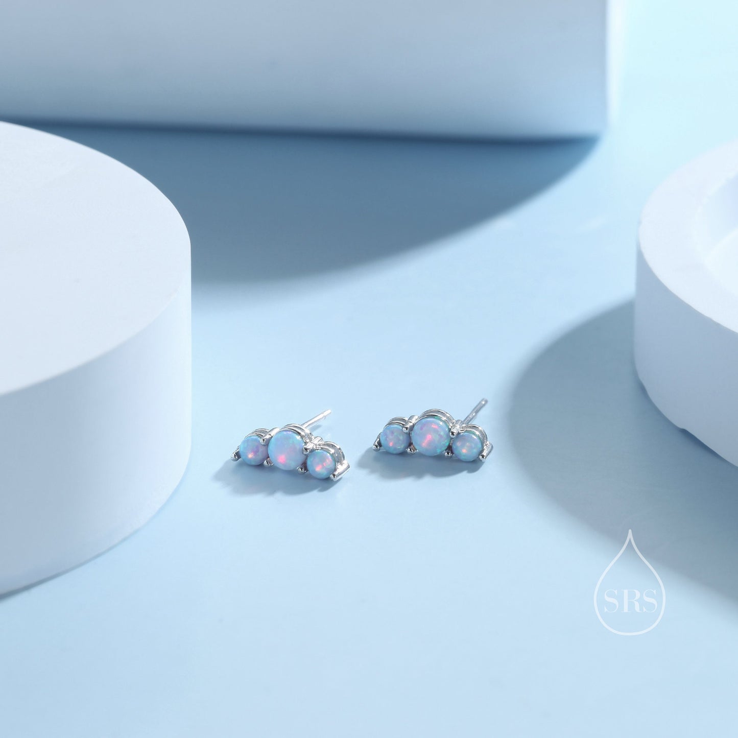 Tiny Blue Opal Trio Stud Earrings in Sterling Silver, Silver or Gold, Three Opal Earrings, Opal Stud, Small Opal Earrings